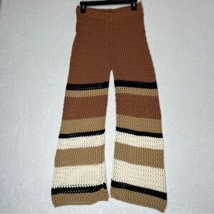 ZARA Crochet Design Wide Leg Pants Cream Beige Striped Boho Beach Size S
